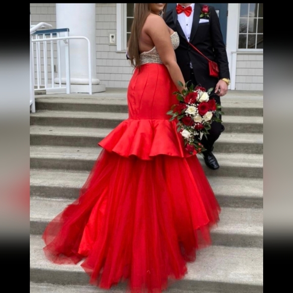 Tiffany Champagne strapless rhinestone embellished red mermaid prom gown 16 - Picture 2 of 7